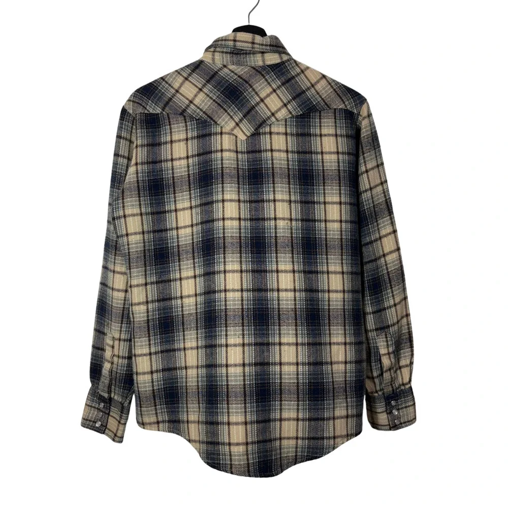 Tan Blue Shacket Pearl Snap Shirt Timber Run Flannel Plaid Boys Medium Vintage
